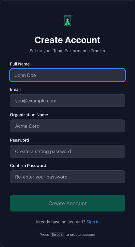 Team Motivator registration form with fields for name, email, organization, and password — setup takes under two minutes
